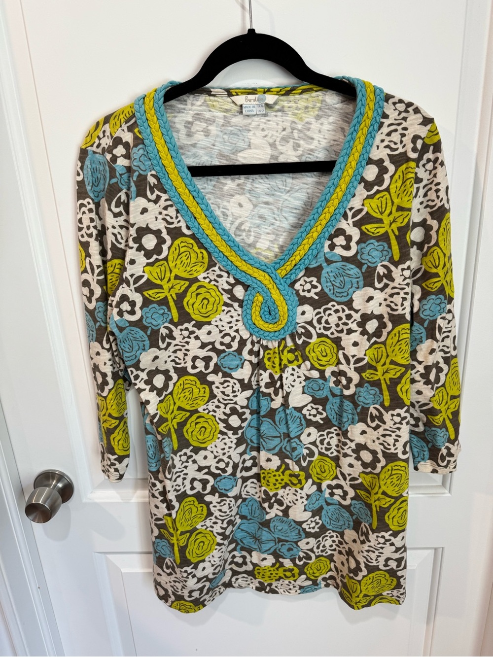 Boden Floral V-Neck Tunic in Blue, Green and Gray